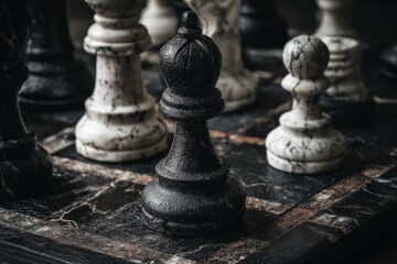 Detailed close-up of a black king chess piece standing on a wooden chessboard among white and black chess pieces in a strategic game setting with textured surface and dramatic lighting
