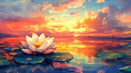 A serene and peaceful lake supports a beautifully stylized and colorful lotus flower as it floats