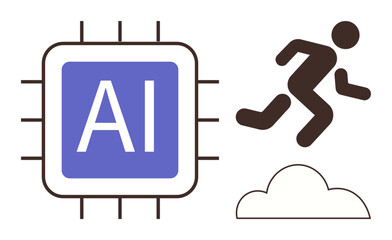 AI chip with running figure and cloud representing technological advancement, speed, and innovation. Ideal for AI, progress, technology, automation, future development and simplicity themes. Simple
