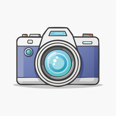 Illustration of a blue and white camera with a large lens, against a plain background.