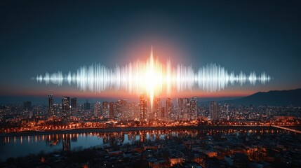 Fototapeta premium Stunning cityscape at dusk with glowing skyline and a dramatic explosion light burst in the sky above urban area and mountains in the background