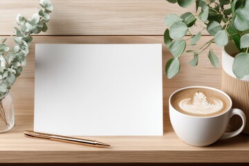 Minimalist workspace with a blank notepad, coffee cup with latte art, green plants, and a gold pen on wooden surface for cozy office decor