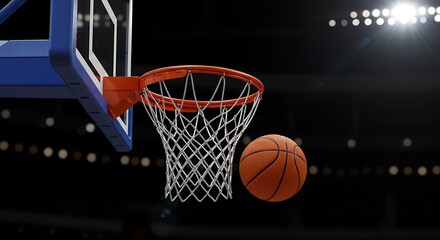 Basketball game in progress with a ball going through the hoop during a championship match