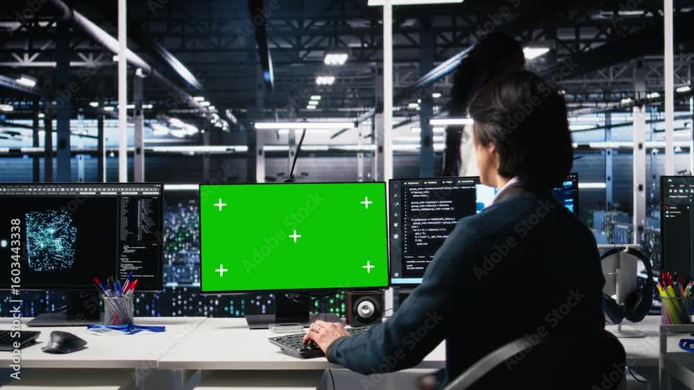 Poster data center technician uses machine learning algorithms on isolated screen pc to analyze datasets. s