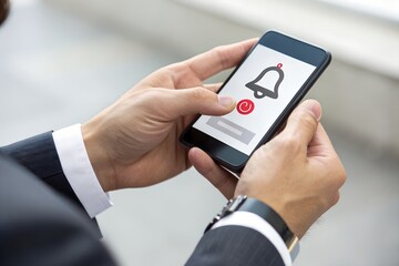Alert notification concept. Reminder, Push Notifications, Web Reminders, Time Table and Announcements. Person using smartphone with bell notification icon on virtual screen. 