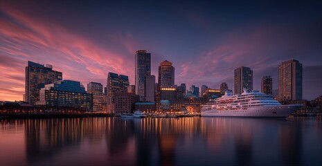 Fototapeta premium Modern city skyline at dusk with tallest buildings illuminated reflected on calm river across harbor with luxury cruise ship docked