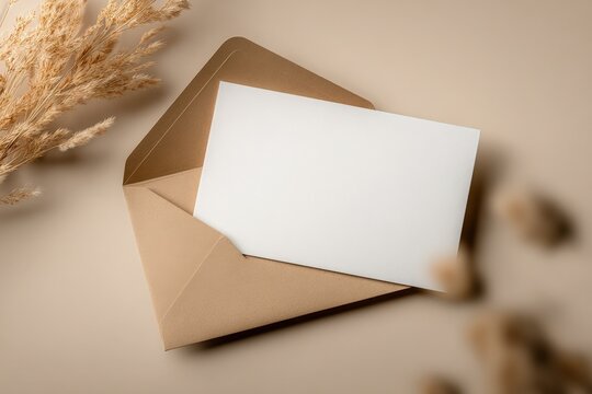 Elegant brown paper envelope with blank white card for invitations or greeting cards on neutral beige background with decorative dried plants