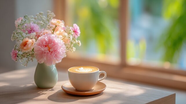 Elegant still life of a white coffee cup with latte art on a wooden table beside a pastel pink flower bouquet and lush green blurred background