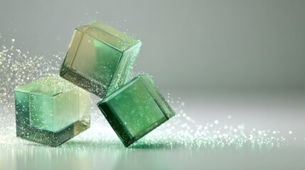 Close-up of three green glass cubes with sparkling particles on a plain light grey background showcasing transparency and reflective surfaces