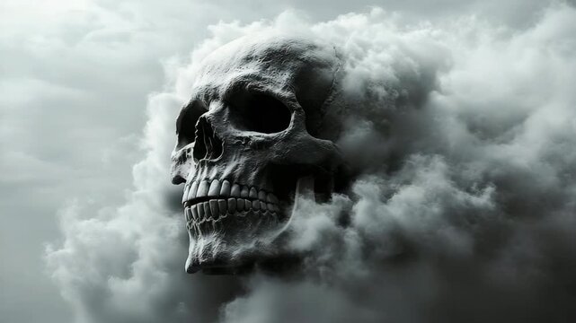Skull emerging from smoke and clouds creating a macabre and mysterious atmosphere