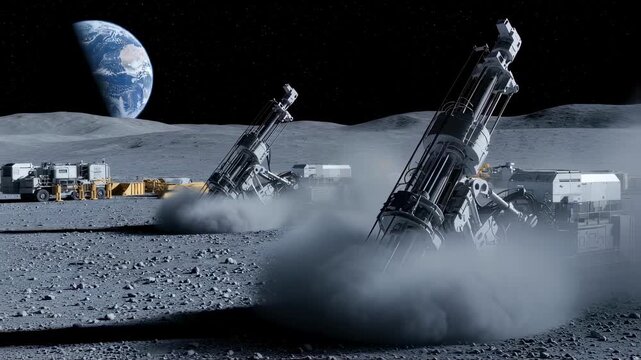 Heavyduty drills penetrating moons crust at a remote extraterrestrial mining complex.