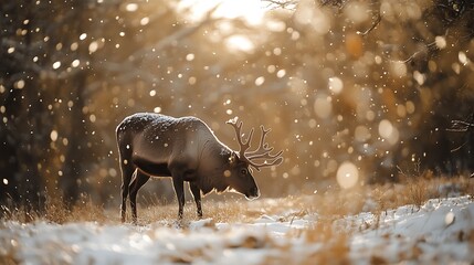 Reindeer grazing in winter wonderland snow falling sunlit forest