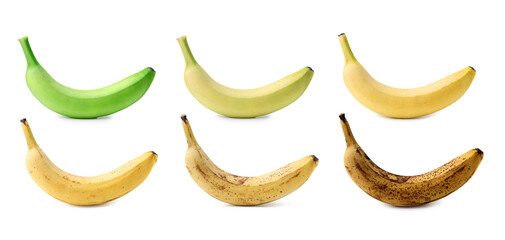 Ripening stages of banana fruits on white background, collage