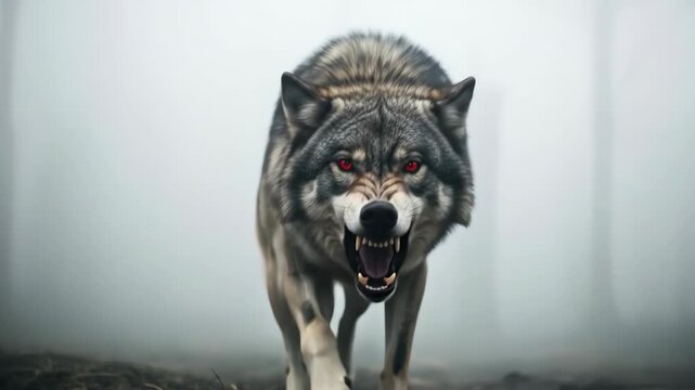 Wild Gray Wolf with Red Eyes Baring Fangs