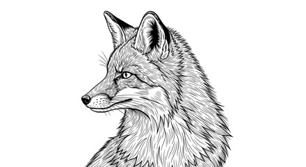 Obraz premium A detailed black and white illustration of a fox head in profile with intricate line work and shading style