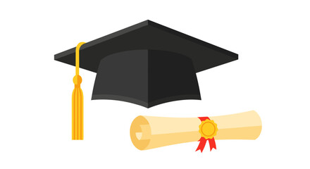 Illustration of a graduation cap with a yellow tassel and a diploma tied with a red ribbon isolated
