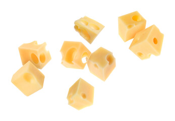 Cheese cubes in air against white background