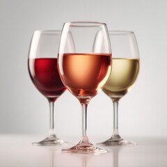 Elegant wine glasses filled with red, rosé, and white wine placed on a neutral background showcasing variety and sophistication of wine beverages