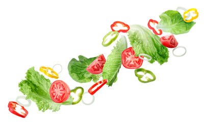 Fresh vegetables for salad flying against white background