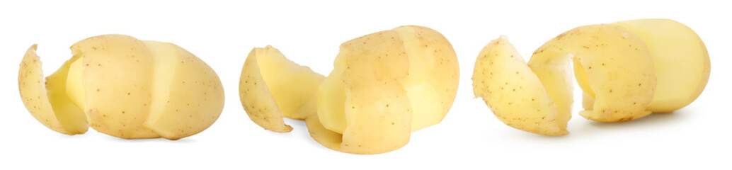 Fresh potatoes with peels isolated on white, set