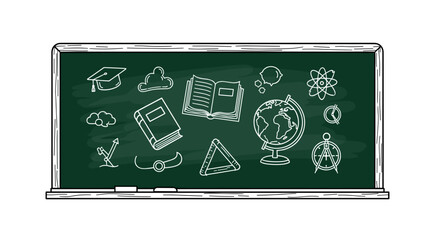 Illustration of a green chalkboard with various educational doodles and symbols drawn in white chalk style