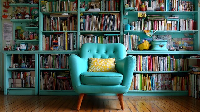 Teal bookcase room with colorful books and a teal armchair.