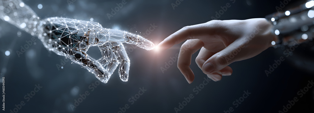 Poster ai, machine learning, hands of robot and human touching on big data network connection, data exchang