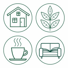 Four circular icons depicting a house, plant, coffee cup, and sofa with an open book.
