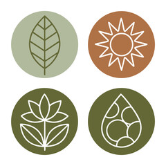 Four minimalist nature icons: leaf, sun, flower, water drop.