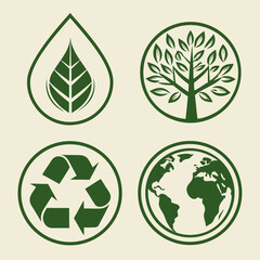 Four circular green icons depicting a leaf in a drop, a tree, a recycle symbol, and the Earth.