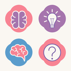 Four colorful icons representing brain, idea, thought, and question mark concepts.