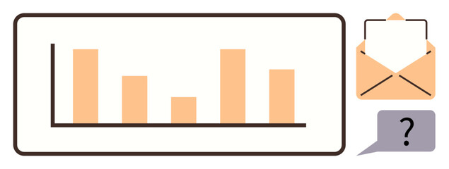 Bar chart representing data comparison, closed envelope symbolizing email communication, and speech bubble with question mark for inquiry. Ideal for analytics, communication, reporting, feedback