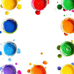 Colorful paint containers arranged in a circle, spills and splashes, on black background