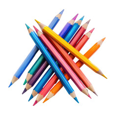 A cluster of colorful pencils arranged in a crisscross pattern against a black background.  Each pencil displays a vibrant hue, with sharp points extending outward