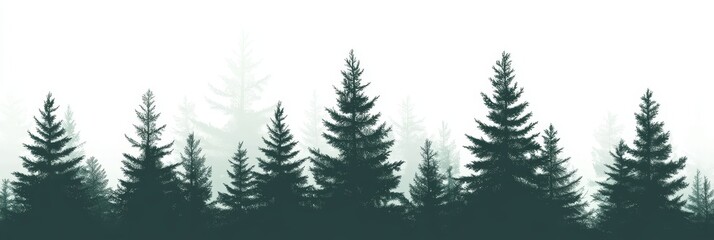 Obraz premium A modern illustration of an evergreen coniferous forest features silhouettes of pines, fir trees, christmas trees, cedar, and Scotch fir, with every tree isolated from the others