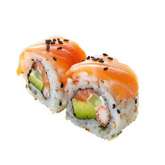 Two halves of a salmon sushi roll, sliced apart.  Bright, fresh, and colorful,  with visible rice, salmon, avocado, and crab.  Topped with sesame seeds