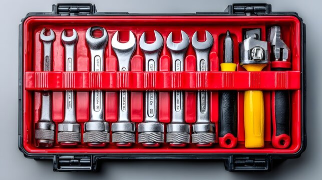Assorted tools arranged in a red and black toolbox.