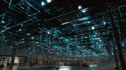 A drone swarm coordinating inventory count with synchronized projections of item IDs and reorder statuses. Warehouse ceiling with grid lines and ambient blue light. 
