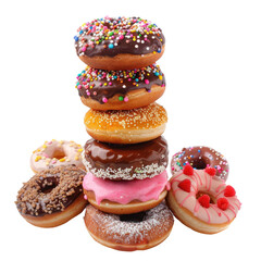 Stacked donuts in various colors and toppings