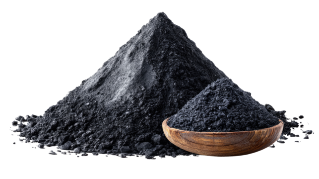 Activated Charcoal Powder: An eye-level shot shows a close-up view of activated charcoal powder piled in a dramatic heap next to a wooden bowl.