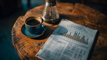 A newspaper with financial charts and a cup of coffee sits on a wooden table.