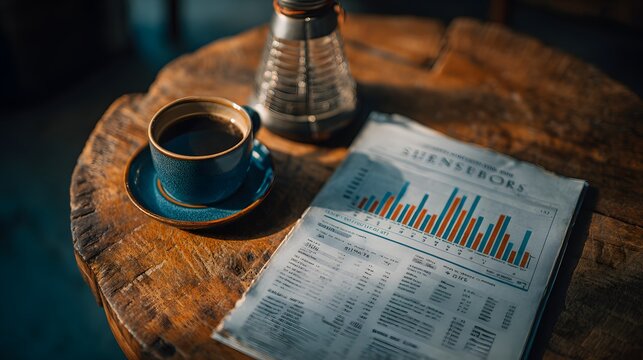 A newspaper with financial charts and a cup of coffee sits on a wooden table.