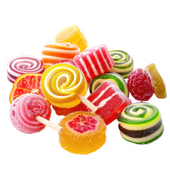 Colorful assortment of hard and soft candies.  A pile of various sweets, including lollipops, gummies, and hard candies, in vibrant colors.  Fruit slices, swirls, and cubes are visible