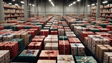 Overhead view of rows of giftwrapped parcels in a logistics center preparing for Christmas delivery