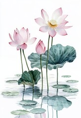 Beautiful pink lotus flowers gently float on the surface of the still and clear water