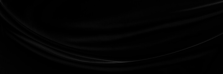 Black gray satin dark fabric texture luxurious shiny that is abstract silk cloth panorama background with patterns soft waves blur beautiful.