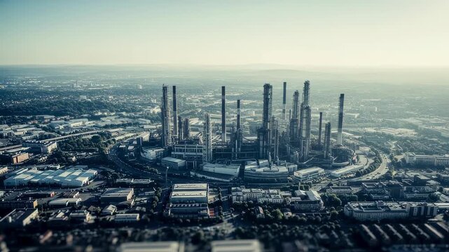Industrial urban sprawl from above highlighting vertical structures in diffused light.