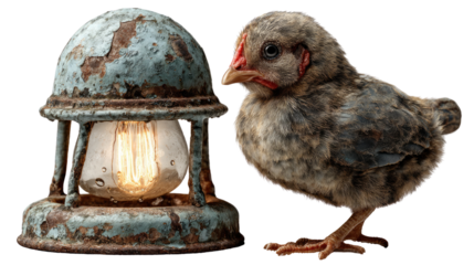 Vintage Charm: A vintage lamp illuminates alongside a baby chick. The lamp's antique design contrasts with the innocence of the chick, embodying an intriguing juxtaposition of old and new.
