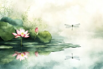 A watercolor painting captures the beauty of lotus flowers blooming in a calm pond with green leaves and reflections