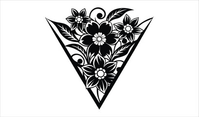 Decorative triangular floral design with flowers and leaves in black and white